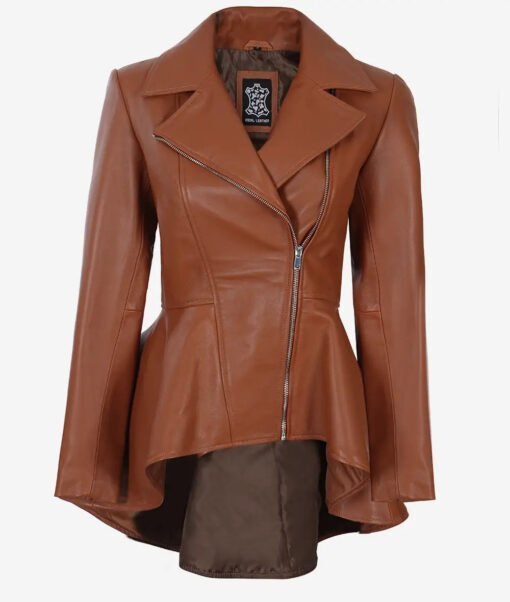 Women's Cognac Asymmetrical Peplum Leather Jacket - Image 2