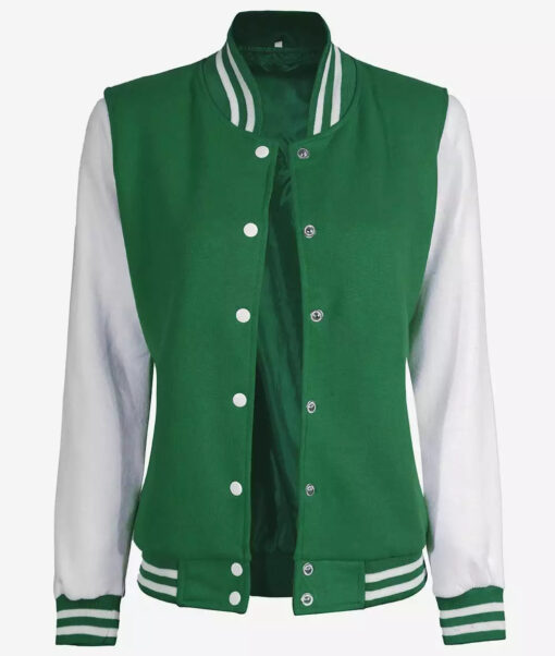 Women's White and Green Letterman Bomber Jacket - Baseball Style
