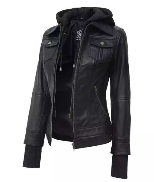 The Céleste: Women's Black Bomber Leather Jacket | Removable Hood - Image 2