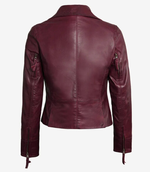 Women's Maroon Real Lambskin Leather Moto Jacket - Image 2