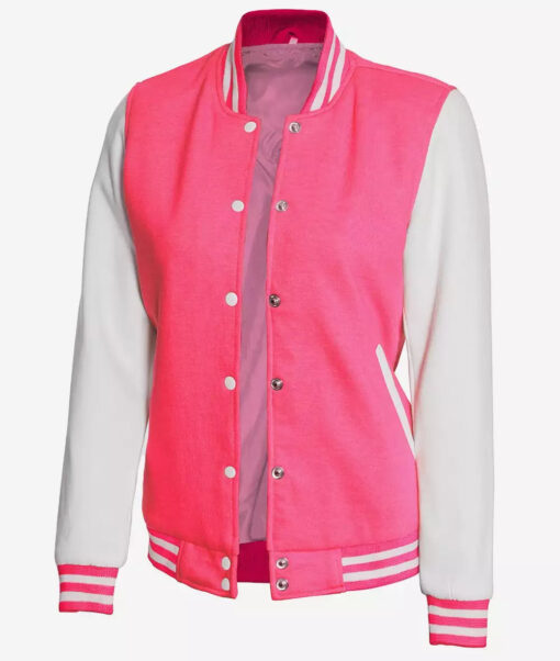 Women's Pink and White Varsity Jacket - Baseball Bomber Style - Image 2