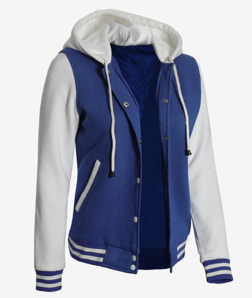 Women's Royal Blue and White Letterman Hooded Jacket - Image 2