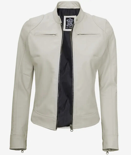 Women's Off White Cafe Biker Leather Jacket - Image 2