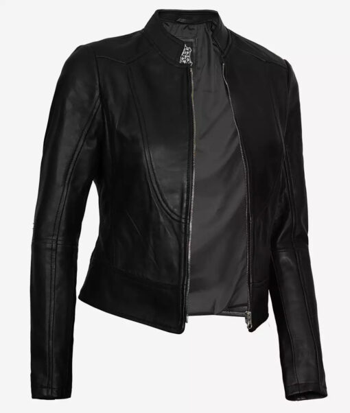Women's Black Slim Fit Leather Biker Jacket - Image 2
