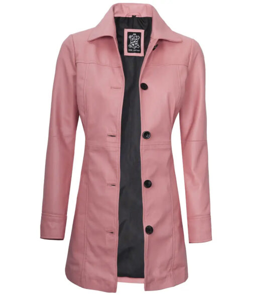 Women's Pink Button Down Real Leather Car Coat - Image 2