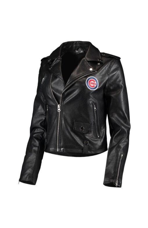 Women's The Wild Collective Black Chicago Cubs Faux Leather Moto Full-Zip Jacket