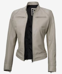 Dodge Beige Cafe Racer Leather Jacket for Women
