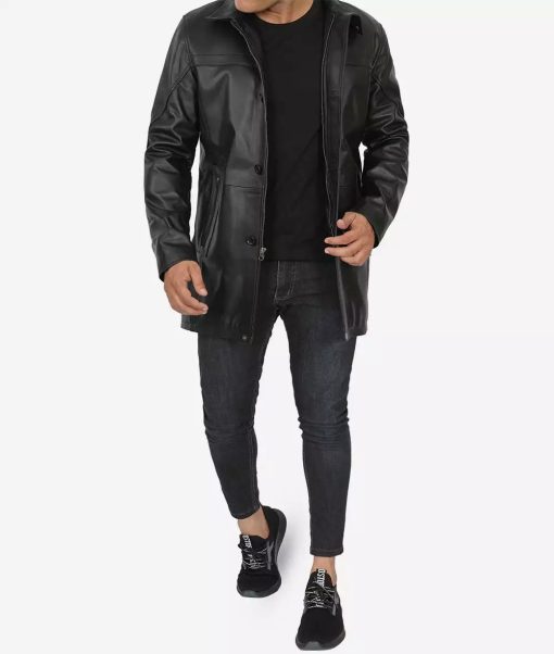 Bristol Men's Black Real Leather Car Coat - 3/4 Length Coat - Image 2