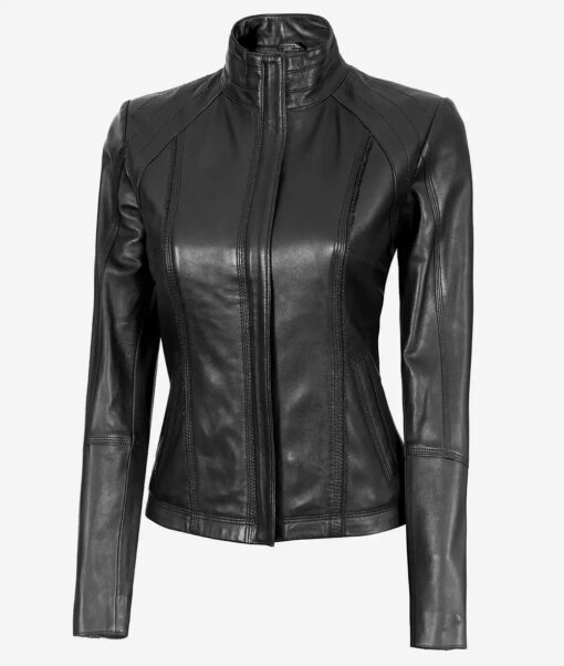 Women's Acerra Black Cafe Racer Leather Jacket - Image 2