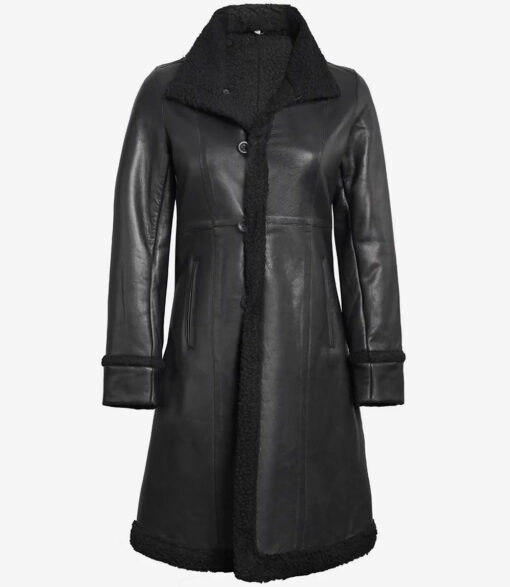 Women's Black Shearling Long Leather Coat