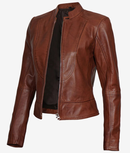 Women's Cognac Slim Fit Leather Biker Jacket