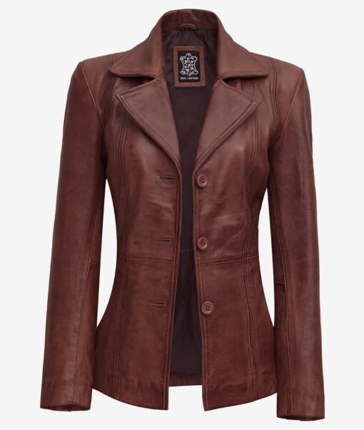 Women's Cognac Button Down Leather Blazer