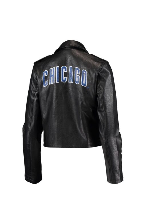Women's The Wild Collective Black Chicago Cubs Faux Leather Moto Full-Zip Jacket - Image 3