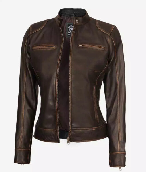 Dodge Women's Dark Brown Cafe Racer Leather Jacket - Image 2