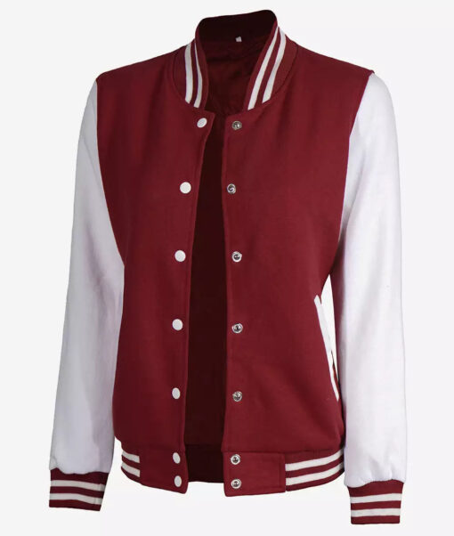 Women's Maroon and White Varsity Jacket - Baseball Style - Image 2