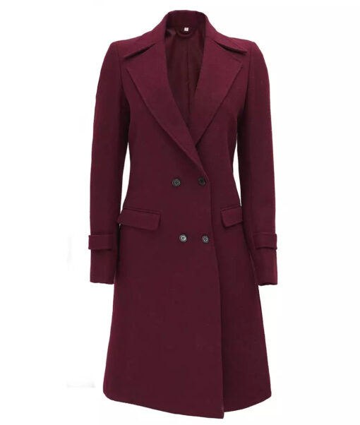 Women's Maroon Double Breasted Long Wool Coat – Winter Wrap Coat - Image 2