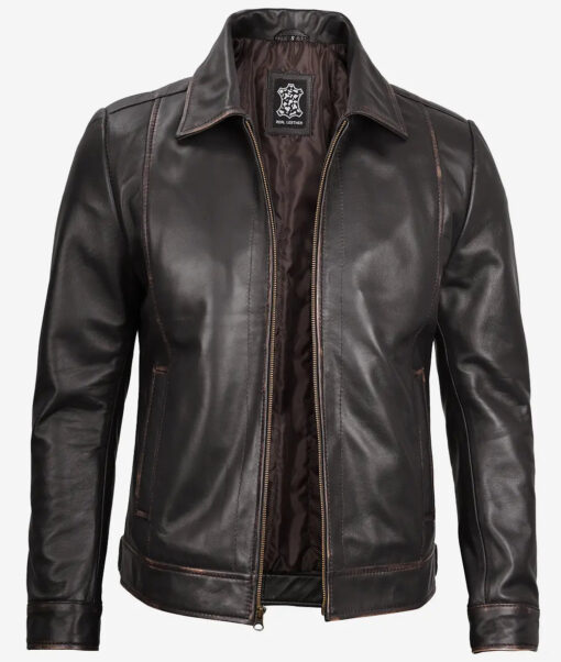 Reeves Men's Dark Brown Shirt Collar Leather Jacket - Image 2