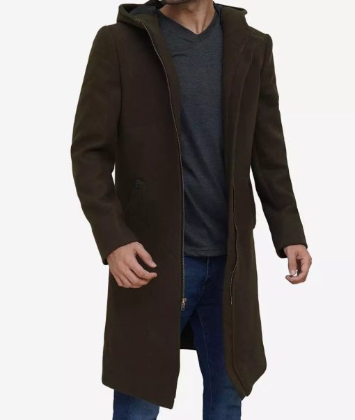 Delbert Men's Olive Green Premium Wool Coat with Hood - Image 2