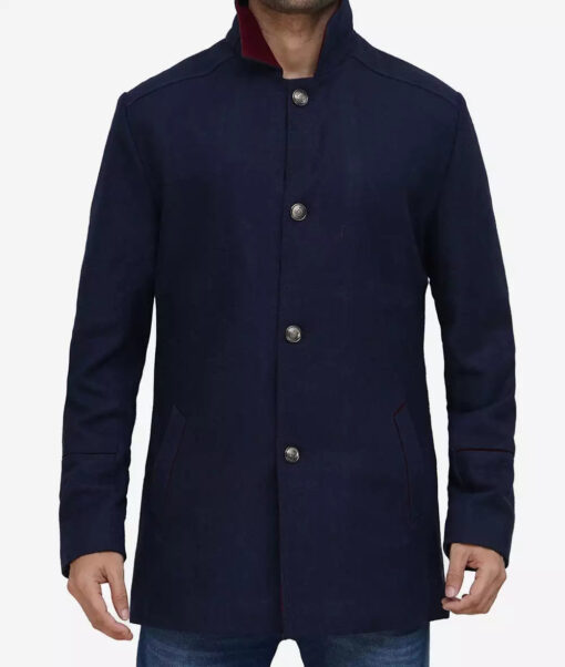 Roy Men's Navy Blue Stylish Fit Wool Car Coat - Image 2
