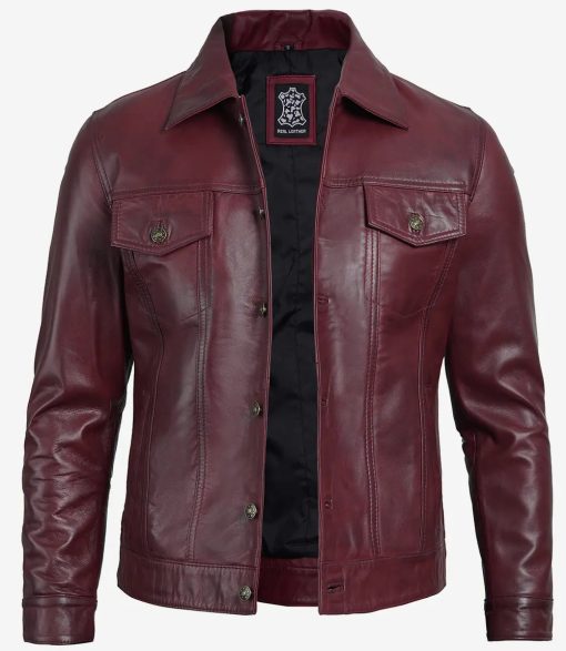 Fernando Men's Maroon Lambskin Leather Trucker Jacket - Image 2