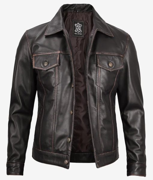 Fernando Men’s Dark Brown Trucker Real Leather Jacket - Image 2