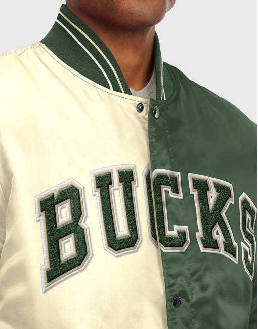 Milwaukee Bucks Varsity Satin Off White/Green Jacket - Image 3