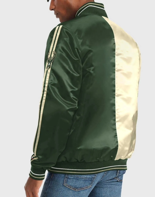 Milwaukee Bucks Varsity Satin Off White/Green Jacket - Image 2