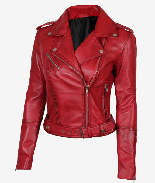 Women's Asymmetrical Belted Moto Red Leather Jacket - Image 2