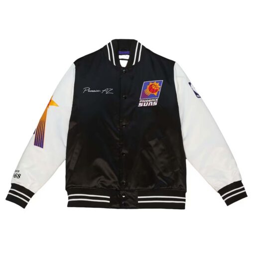 NBA Men's Mitchell & Ness BlackWhite Phoenix Suns Team Origins Satin Full-Snap Varsity Jacket by TJS - Image 3