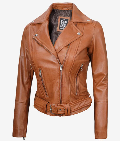 Women's Brown Asymmetrical Belted Leather Jacket - Image 2