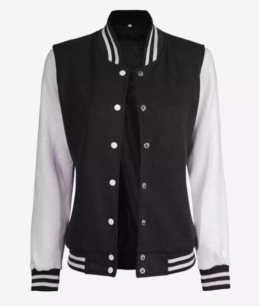 Women's White and Black Varsity Jacket - Baseball Style