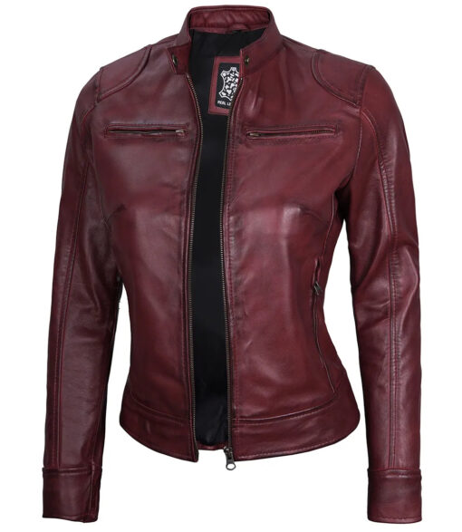 Women's Maroon Real Leather Moto Jacket - Image 2