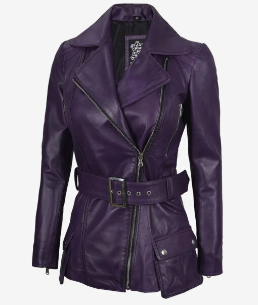 Women's Purple Asymmetrical Belted Moto Leather Jacket