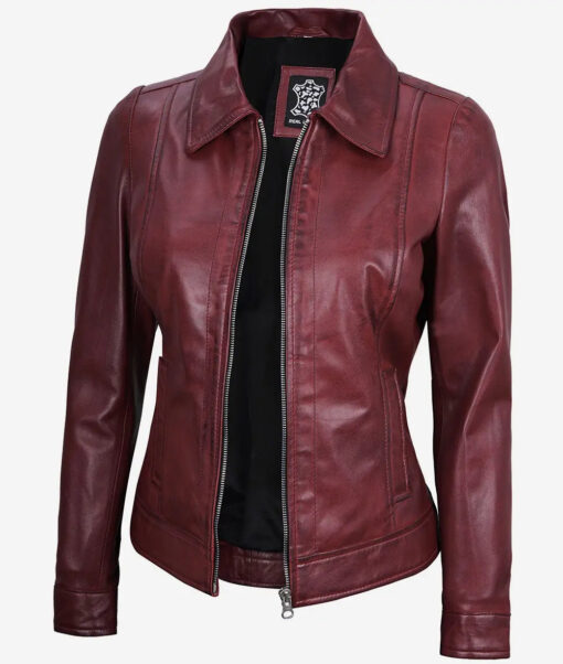 Women's Maroon Shirt Collar Leather Jacket - Image 2