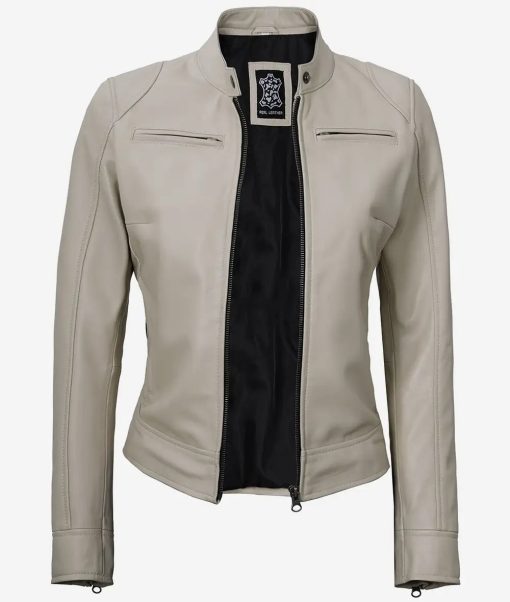 Dodge Beige Cafe Racer Leather Jacket for Women - Image 2