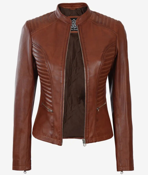 Women's Cognac Real Leather Slim Fit Biker Jacket - Image 2
