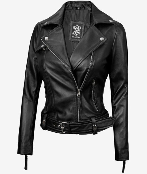 Women's Asymmetrical Black Leather Biker Jacket - Image 2