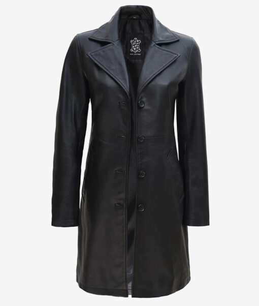 Women's Black Long Leather Trench Coat - Image 2