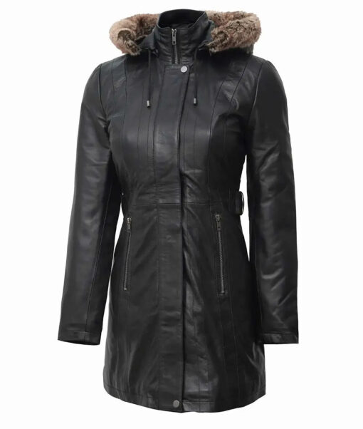 Women's Black Premium Leather Coat | Removable Fur Hood