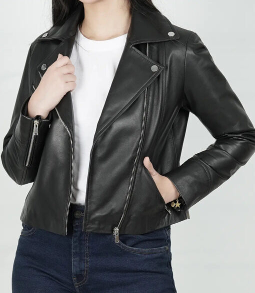 Women's Black Relaxed Fit Real Lambskin Leather Moto Jacket