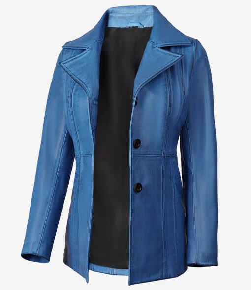 Women's Blue Waxed Leather Coat | Three Button