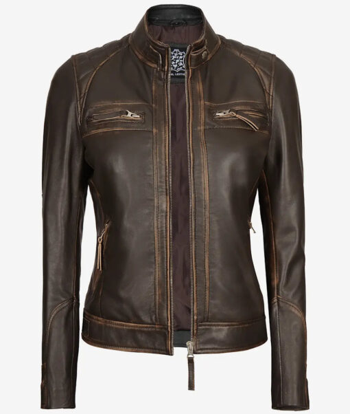Women's Rub off Quilted Dark Brown Real Lambskin Moto Leather Jacket - Image 2