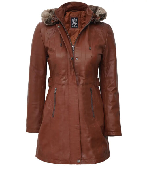Women's Brown Leather Coat | Fur Trim Removable Hood - Image 2