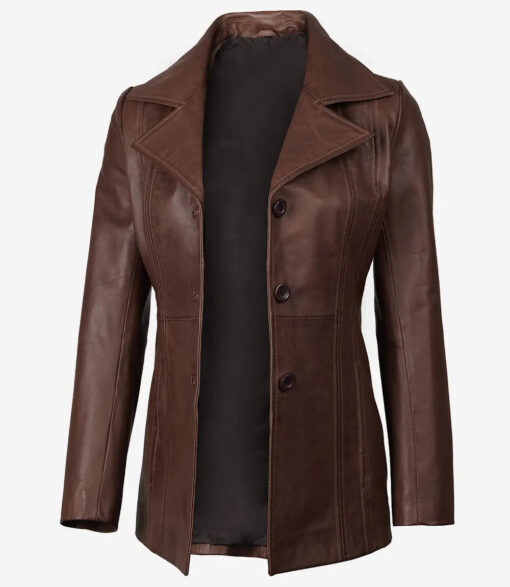 Women's Dark Brown Leather Coat - Three Button