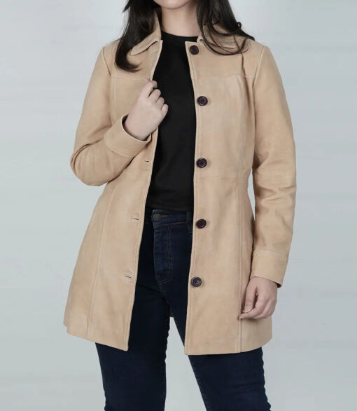 Women's Camel Button Down Suede Coat - Image 2