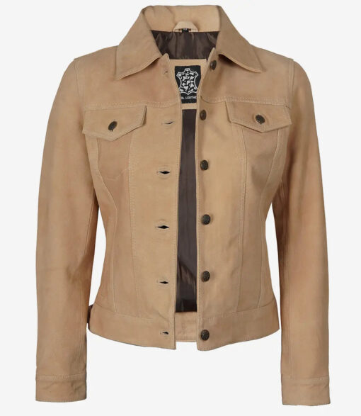 Women's Camel Classic Suede Trucker Jacket - Image 2