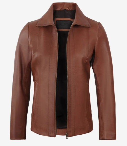 Women's Cognac Zipper Closure Lambskin Leather Coat - Image 2