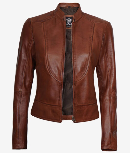 Women's Cognac Slim Fit Leather Biker Jacket - Image 2
