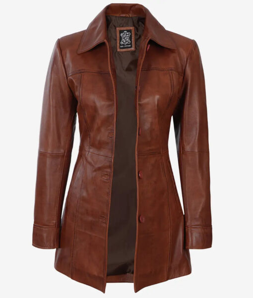 Women's Cognac Button Down 3/4 Length Leather Coat - Image 2