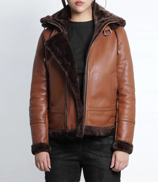Women's Cognac Brown B3 Bomber Aviator Shearling Leather Jacket - Image 2